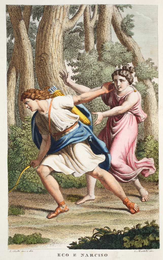 Eco y Narciso o Eco e Narciso, Libro III, ilustración de las Metamorfosis de Ovidio, Florencia, 1832 (grabado a mano)